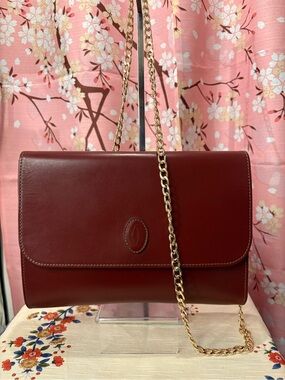 Cartier Must de Vintage Smooth Calfskin Large Clutch Bordeaux Chain Strap COA